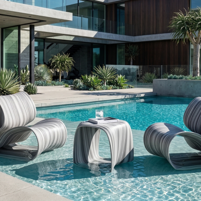 23102CG and 23108CG - Baja Club Chair and Side Table - rendered in Cloud Gray Color